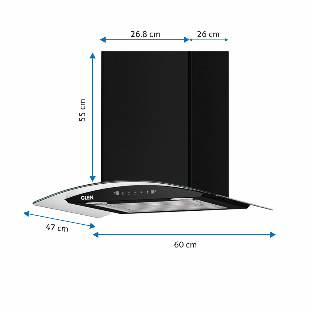 Auto Clean Chimney Curved Glass Baffle Filters with Motion Sensor 60/90cm 1200 mB3/h - Black (6063 BL)