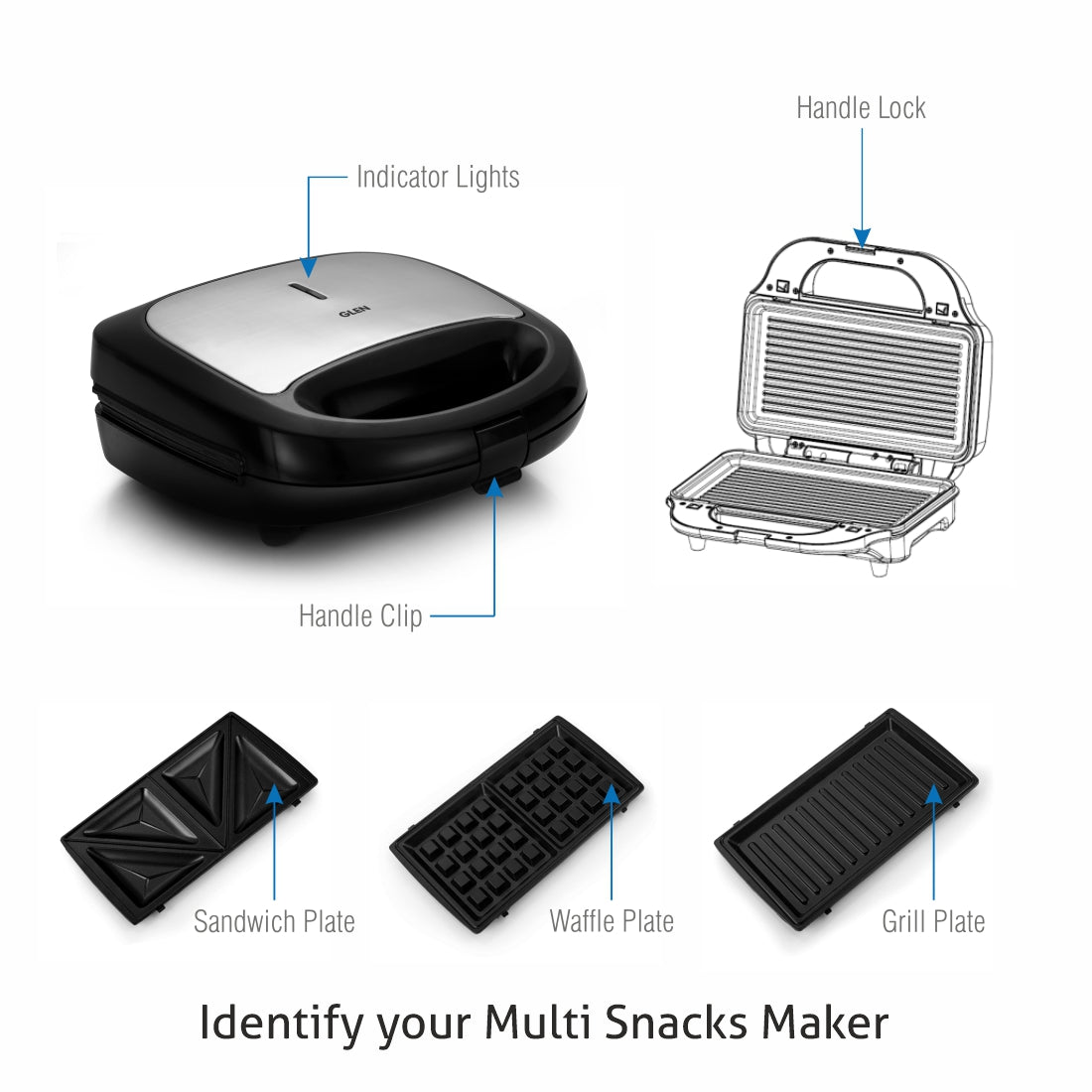 Electric Multi Snack Maker with 3 sets of Sandwich, Grill & Waffle Non-Stick Plates, 750w - Black (3022 MSM)