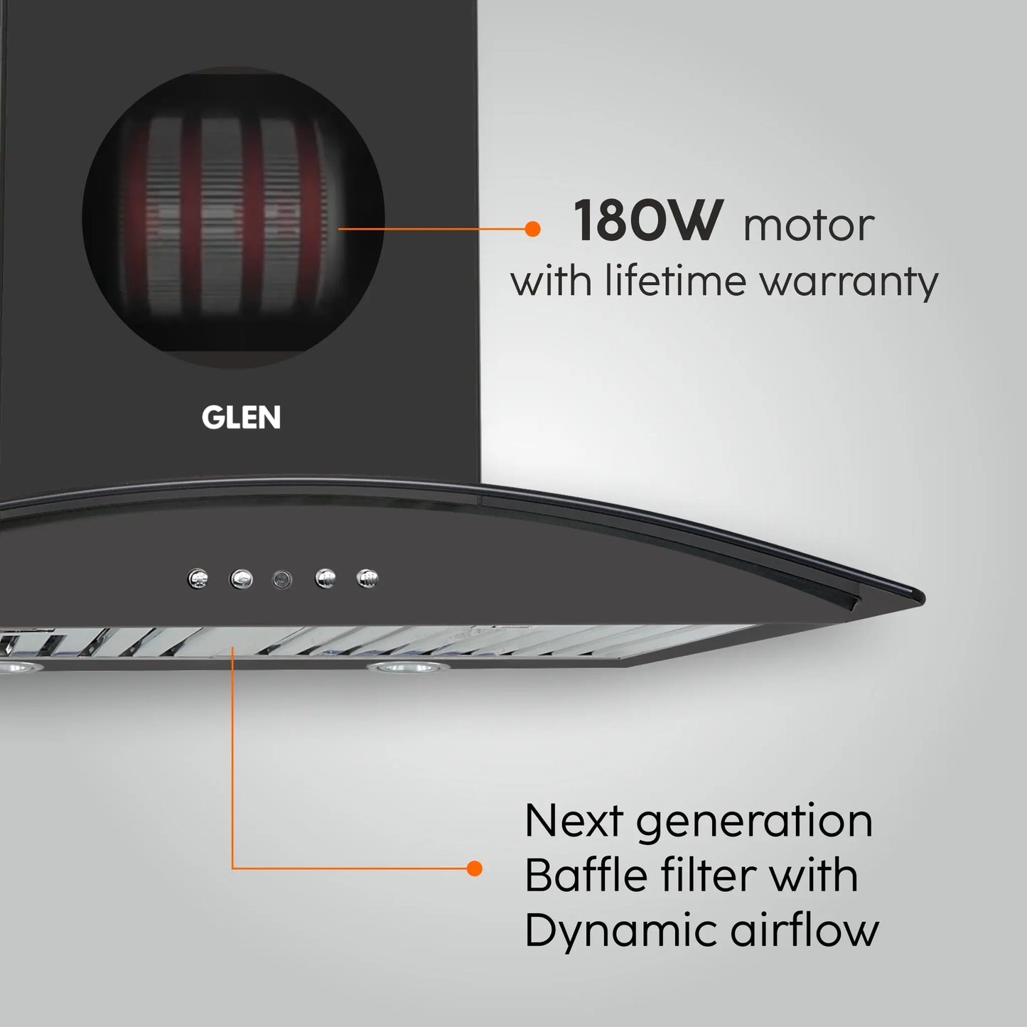 Electric Kitchen Chimney, Curved Glass SS Baffle filters 60cm 1100 mB3/h - Black (6071 IN BLK)