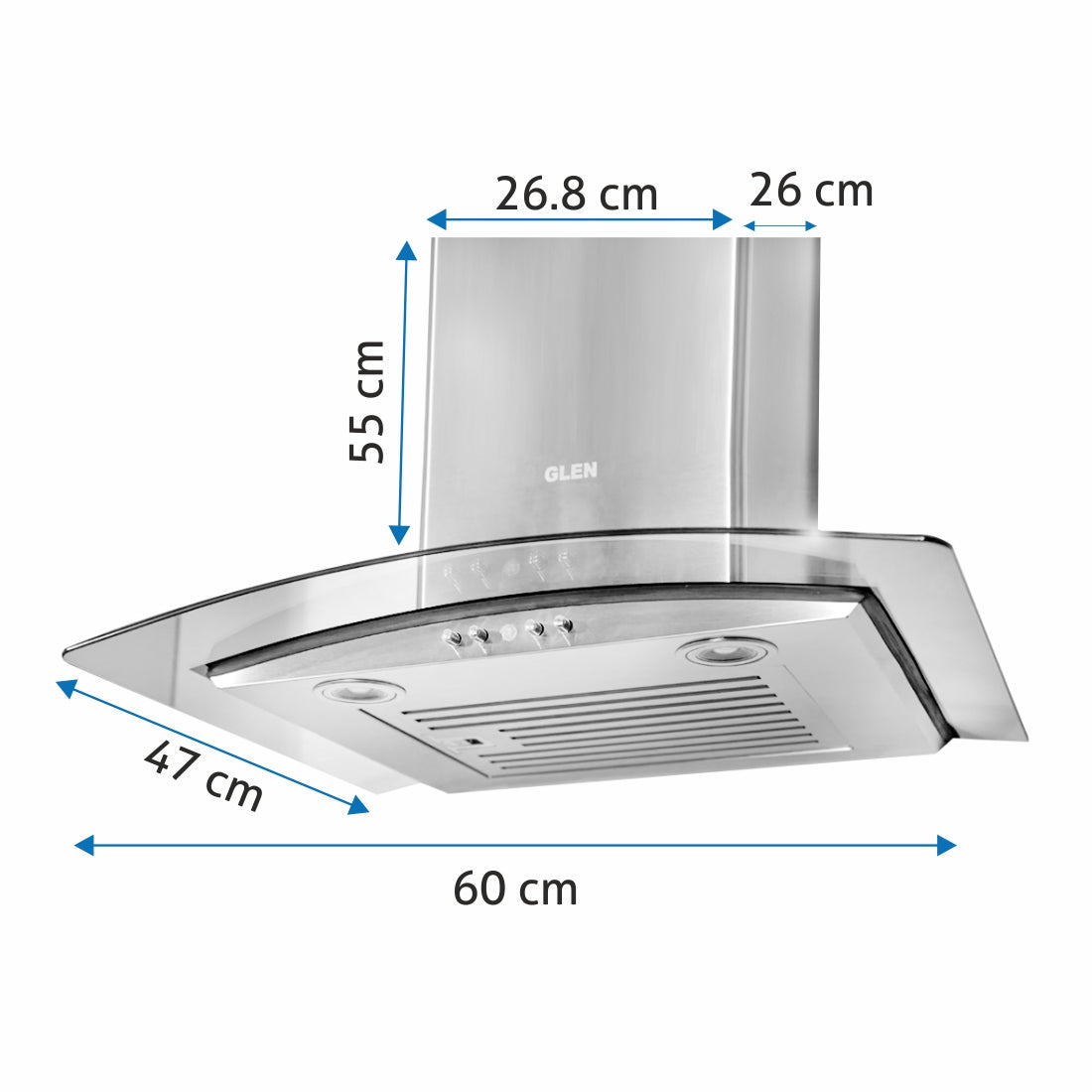 Kitchen Chimney Curved Glass with Push Button Baffle filters 60cm 1000 m3/h -Silver (6071 EX)