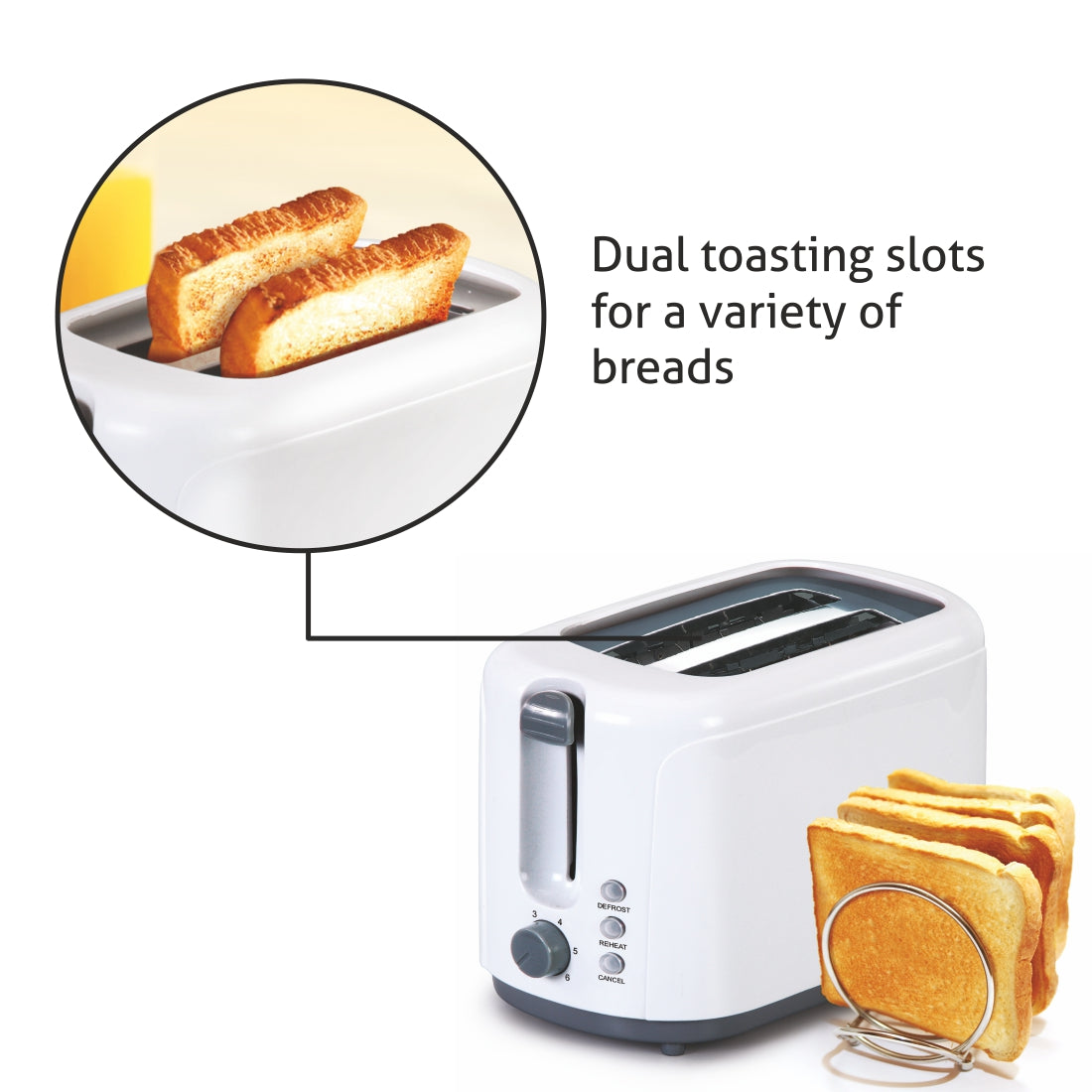 Electric Auto Pop-up 2 Slice Toaster, 750W, 6 Level Browning Control, Removable Crumb Tray - White (3019)