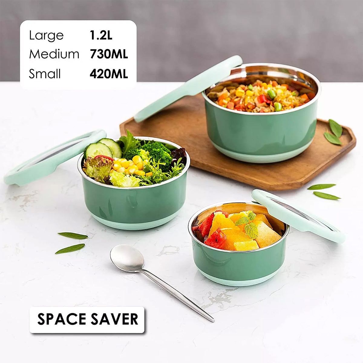 KAIROS Space Saver Container Set of 3 (1200 ml +730 ml +420 ml)| Premium Airtight Stainless Steel Container Set | Containers for schools & offices
