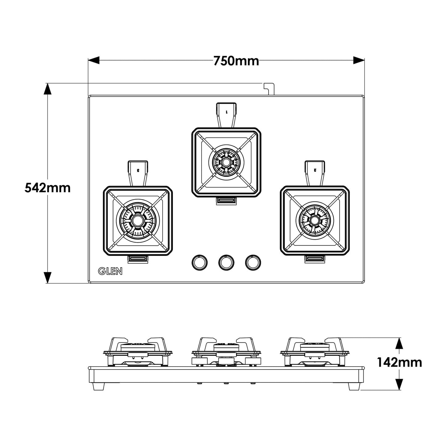 GLEN 3 Burner Swift Glass Gas Stove with Multi Ring Forged Brass Burners (CT1038GTBLSWIFT)