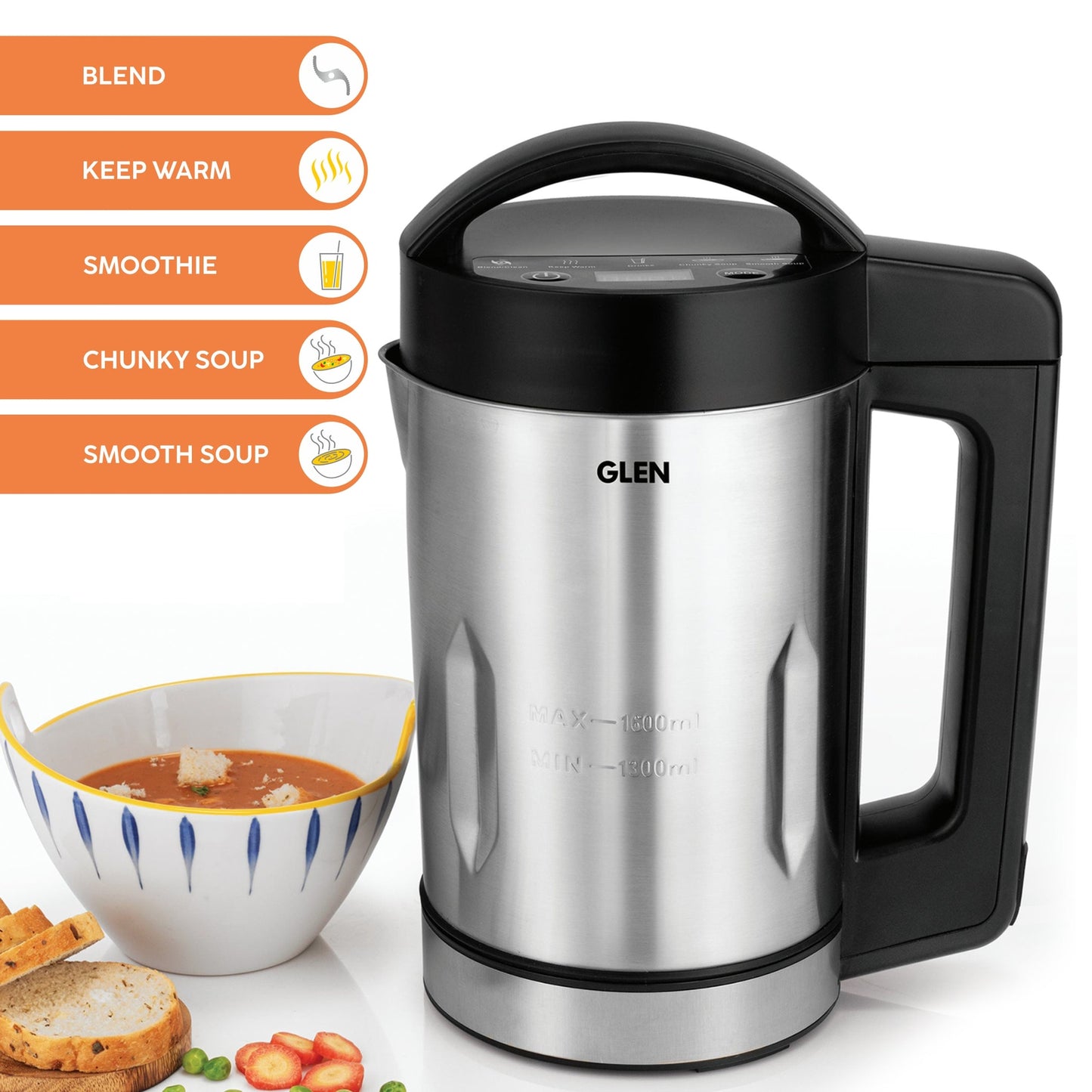 GLEN Automatic Soup Maker Kettle, 1.6 Litres, Automatic Blending & Heating, 5 Preset Cooking Functions 100% Copper Motor 1040W (SA-3003SM)