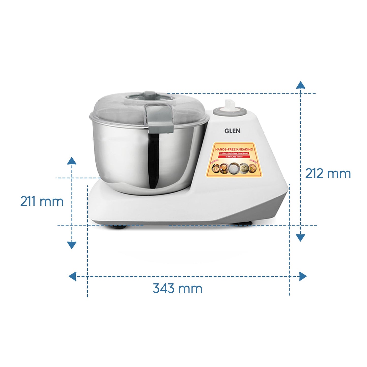 GLEN Atta Kneader Dough Maker 650W | Hands-Free Kneading with 3L Large Stainless Steel Bowl | Efficient & Durable for Soft Dough Every Time (SA3032DM)