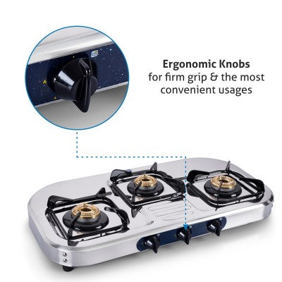 3 Burner Stainless Steel Gas Stove with High Flame Brass Burner (1037 SS HF BB)
