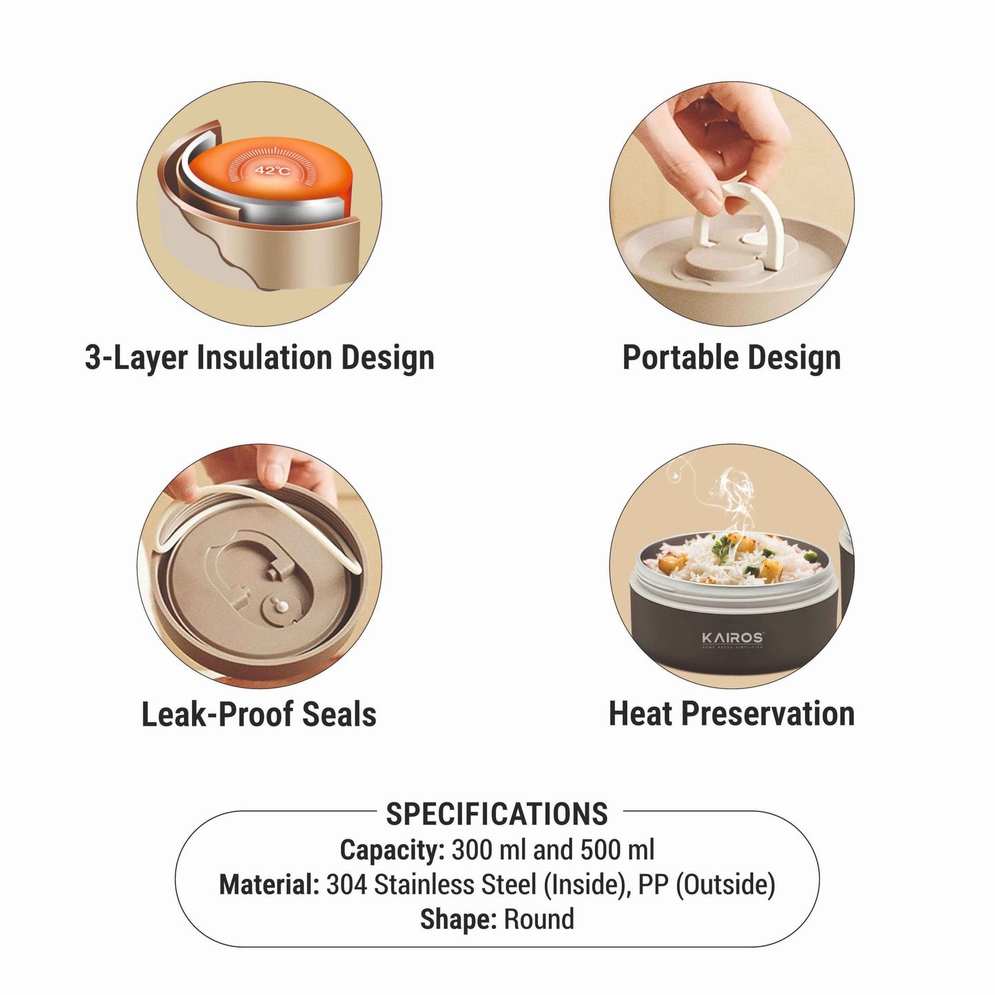 KAIROS Triple Guard Lunch Box-2 Round Tiffin Boxes with Lid 1 Insulated Bag (300ml and 500ml) | Leakproof Stainless Steel Lunch Box + Insulated Bag