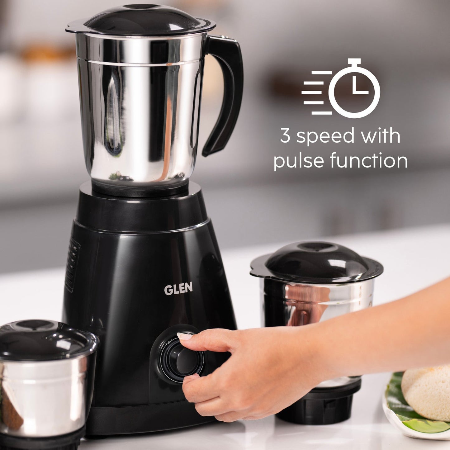 GLEN Mixer Grinder 550W with 3 Stainless Steel Liquidiser, Grinder and Chutney Jars - Black (4021)