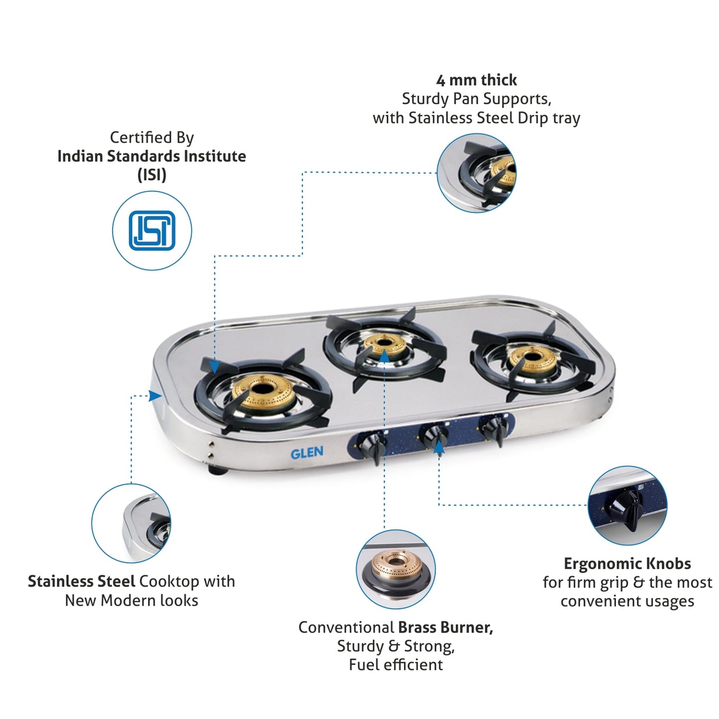 GLEN 3 Burner Stainless Steel Gas Stove with High Flame Brass Burner Drip Tray (CT1033SSHFDTBB)