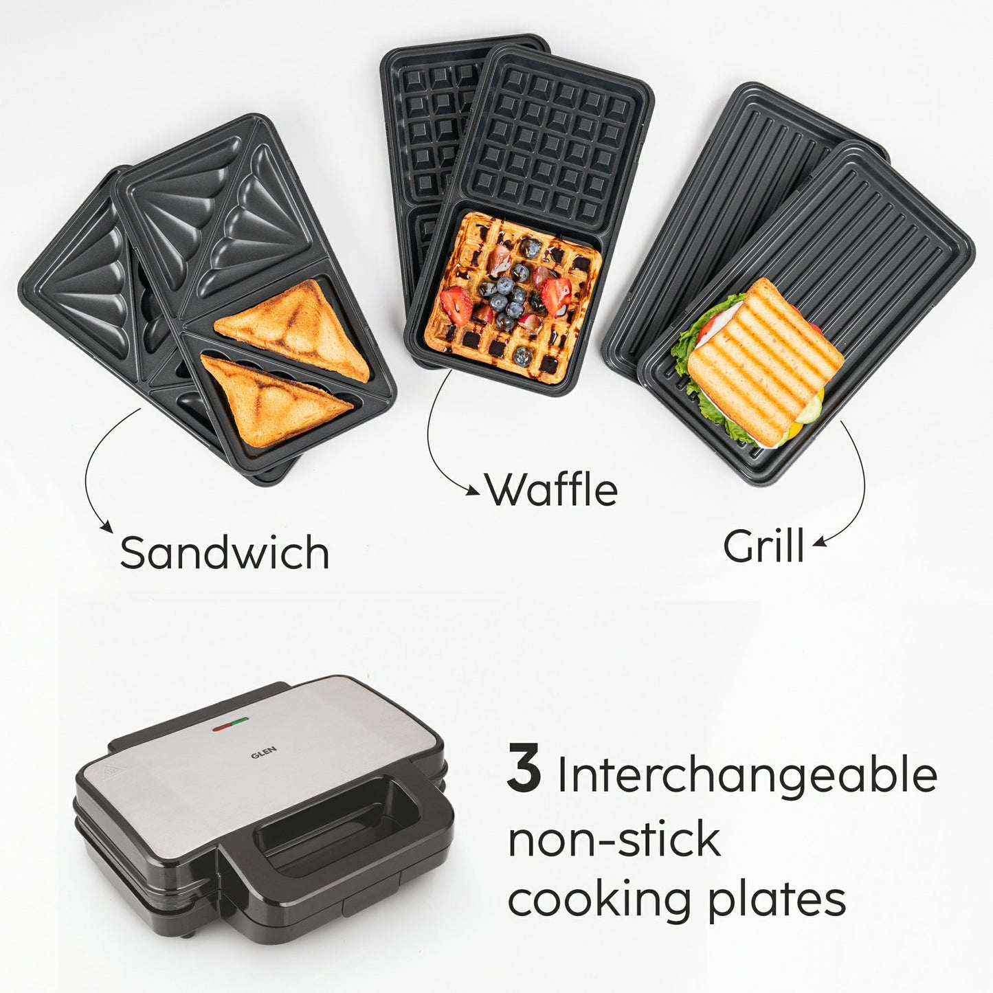 GLEN Electric Jumbo Multi Snack Maker with 3 sets of Sandwich, Grill & Waffle Non-Stick Plates, 1000W - (SA3023JMSM)