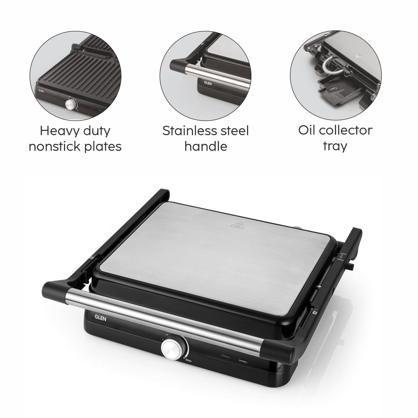 GLEN Electric Contact Grill & Sandwich Maker with 180-degree opening, Non-Stick Plates, 2000w - (SA3031INCG)