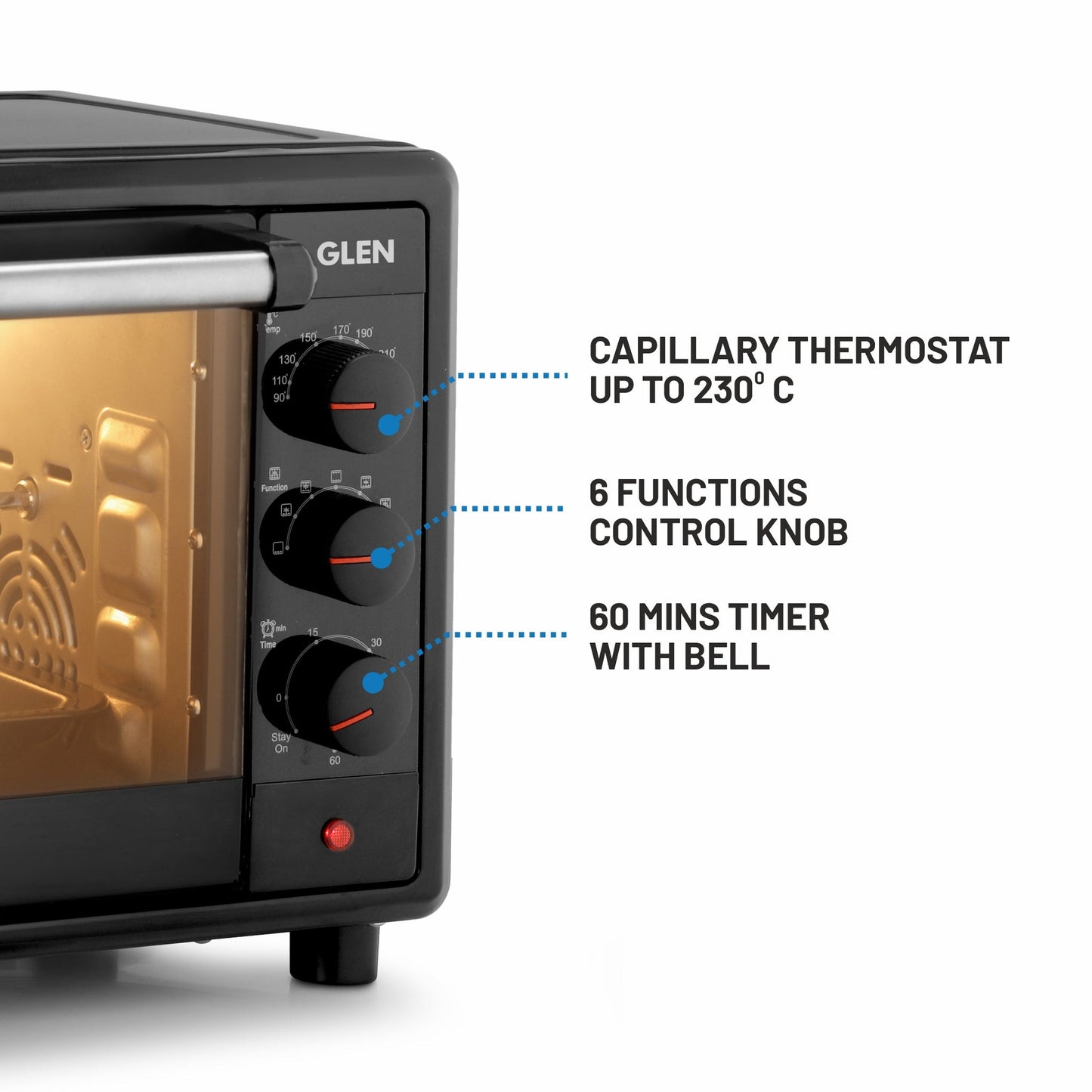 GLEN 25L Oven Toaster Griller (OTG) | 1700W Convection Oven | 60-Min Timer, Oven Light & Removable Crumbs Tray – Black (SA5025)
