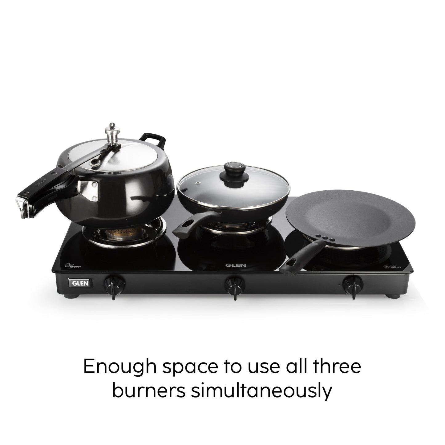 GLEN 3 Burner PNG Glass Gas Stove with High Flame Brass Burner - Black (CT1030GTHFBBBLPN)