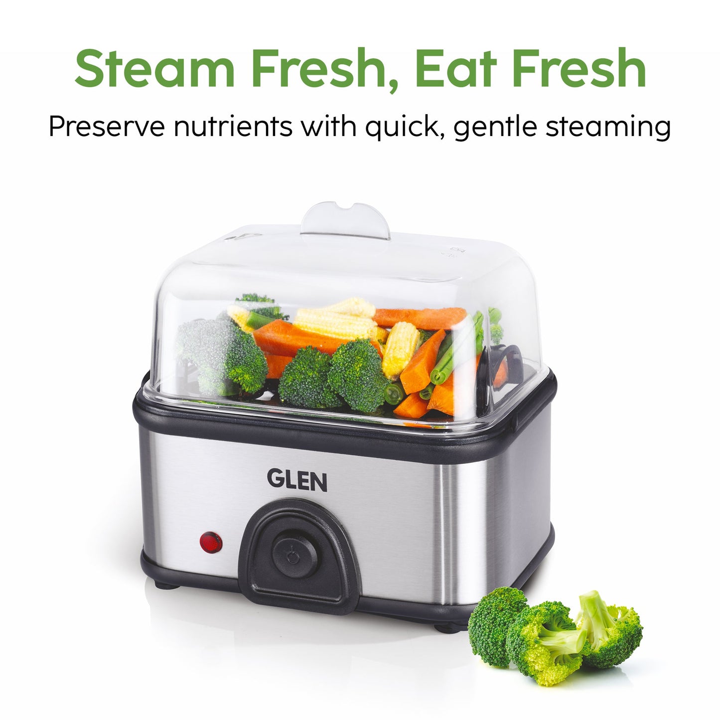 GLEN Egg Boiler Steamer | Boils upto 8 Eggs | Ready Indicator, Extra Steaming Rack for Vegetables | Auto shut Off, Push Button Start 350W (SA3036EBS)
