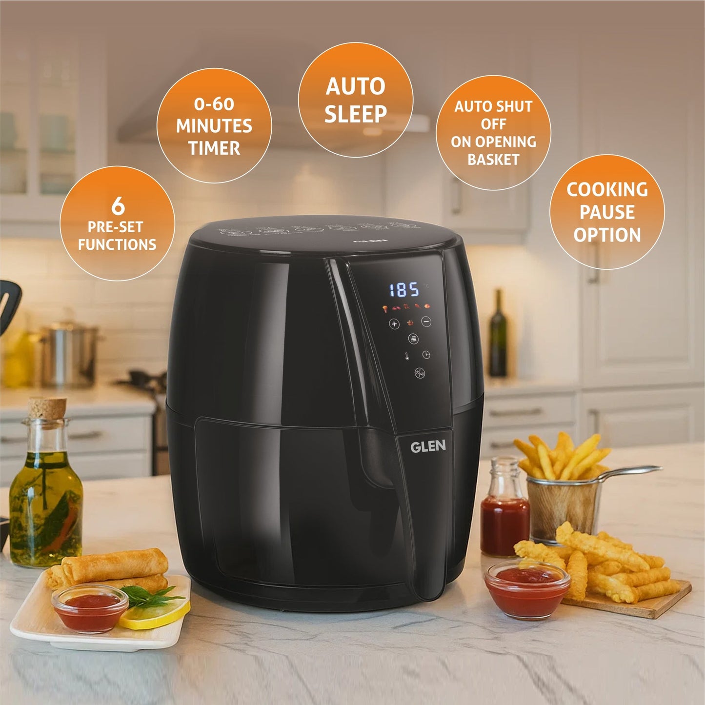 GLEN Air Fryer, 5.0 Litre Digital Controls, 6 Pre Set Menu Timer, Temperature Control, 1500W -Black (SA3041DIGI)