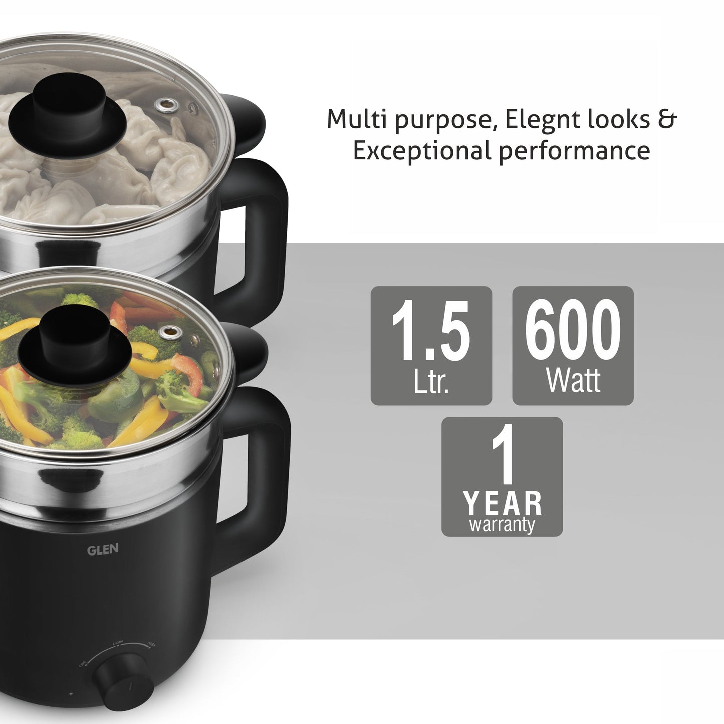 Multi Cook Electric Kettle, 1.5 Litre Steam, Cook & Boil 600W- Silver and Black (9016)