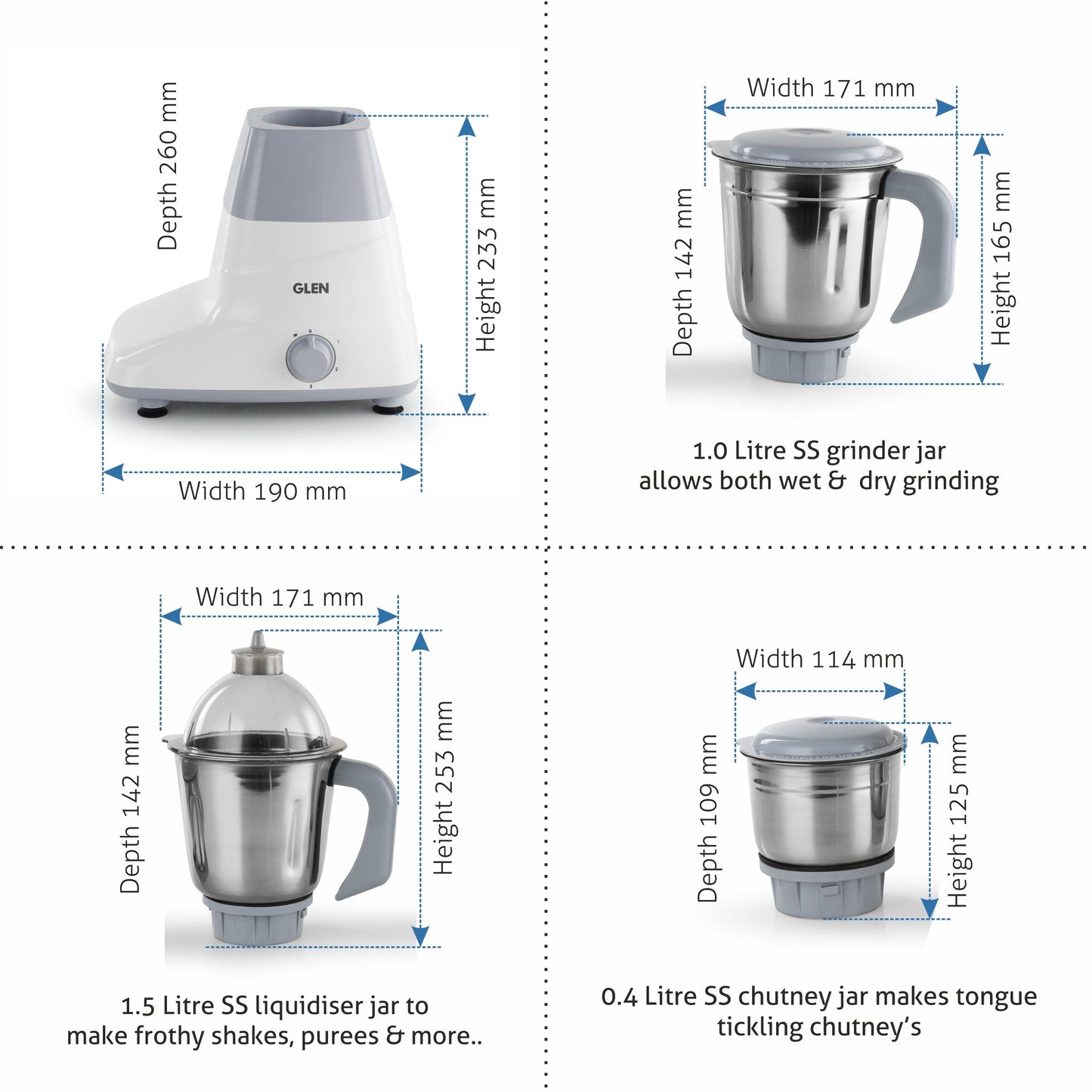 Mixer Grinder 750W with 3 Stainless Steel Liquidiser, Grinder and Chutney Jars - Grey (4025)