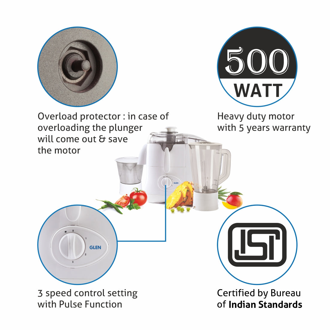 Juicer Mixer Grinder 500W with 1 Transparent Liquidizer, 1 Stainless Steel Grinder Jar - White (4011)