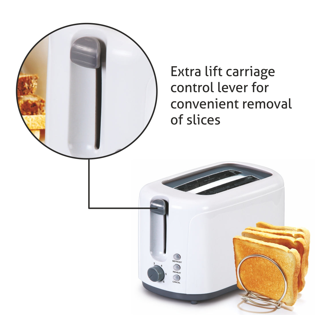 Electric Auto Pop-up 2 Slice Toaster, 750W, 6 Level Browning Control, Removable Crumb Tray - White (3019)