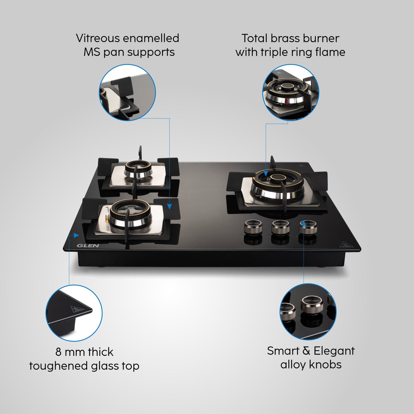 3 Burner Glass Hob Top with Triple Ring Burner Double Ring Forged Brass Burners Auto Ignition (1063 SQ HT DB TR)
