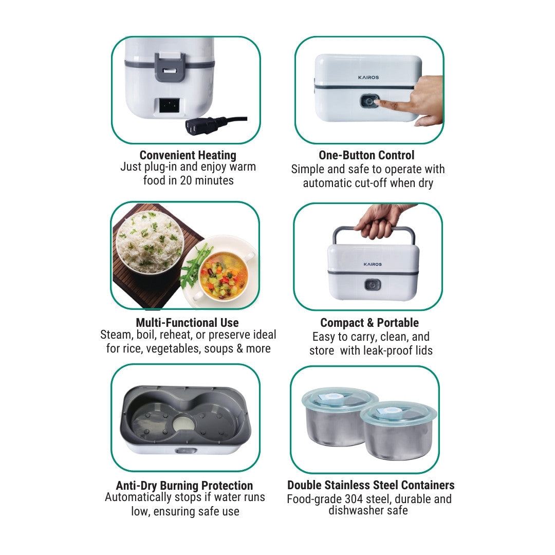 KAIROS WarmTiffin Duo Electric Lunch Box with Dual Containers (2× 500 ml) | Portable & Leakproof Food Warmer