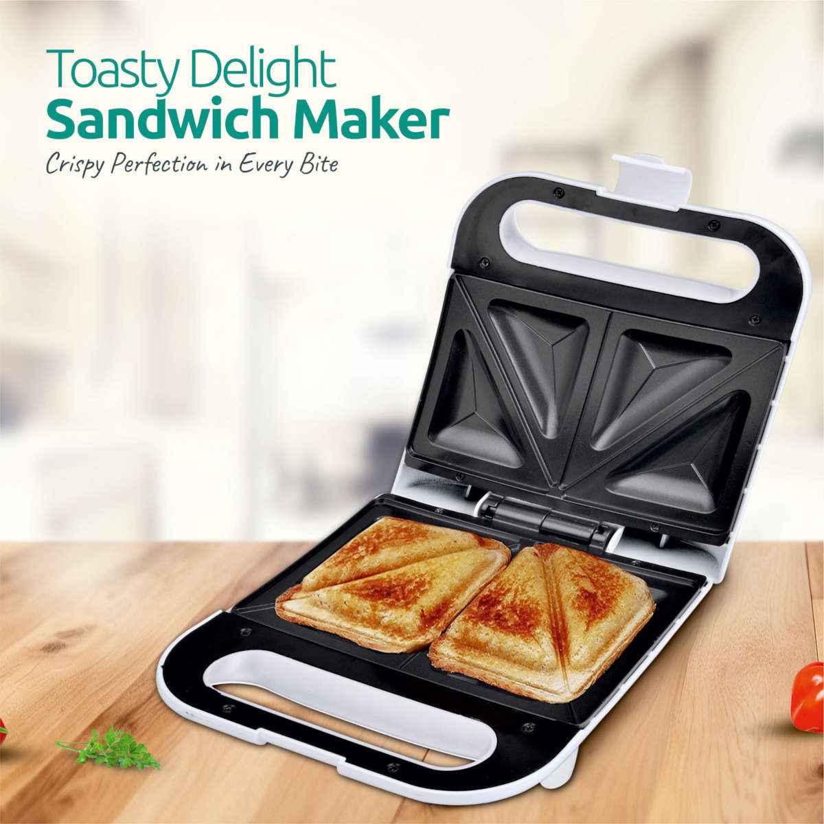 KAIROS Toasty Delight 700W Electric Sandwich Maker | Easy & Fast Toasting, Compact Kitchen Appliance | Non-Stick Plates, Quick Toasting, Perfect for Home & Office
