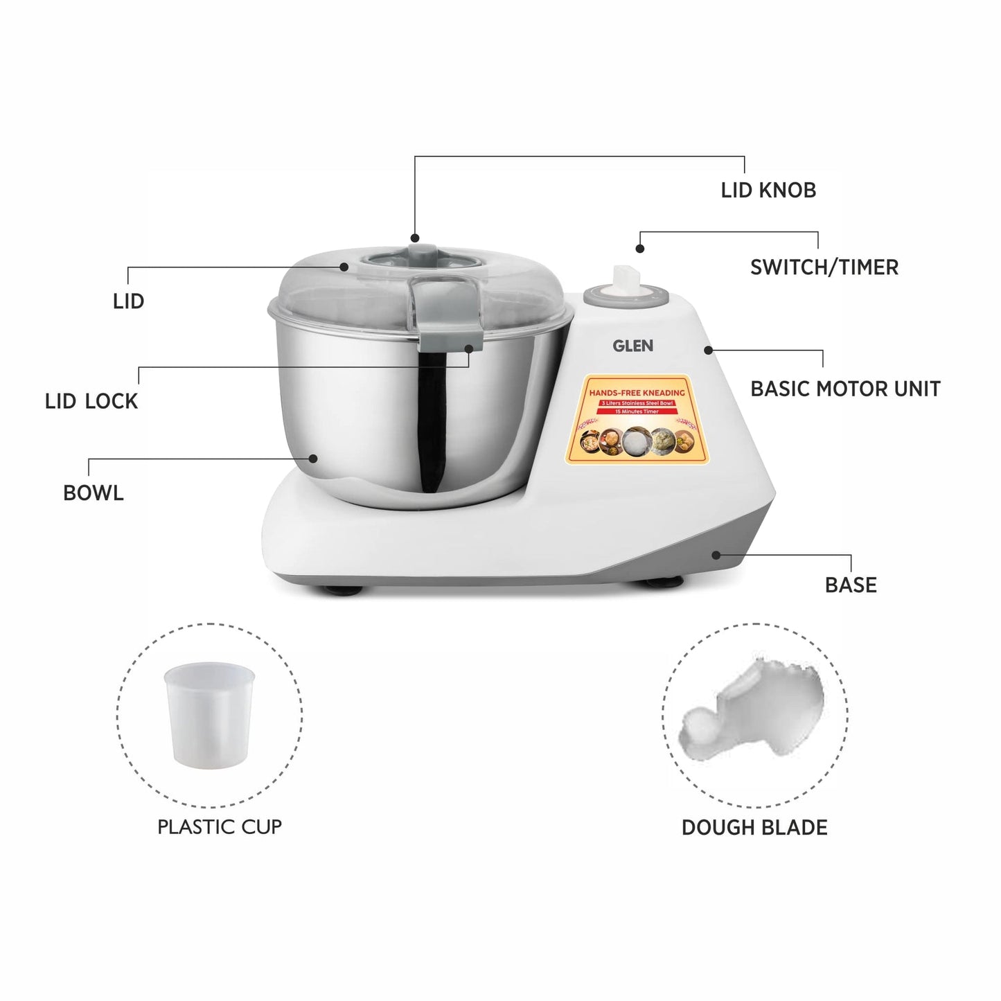 GLEN Atta Kneader Dough Maker 650W | Hands-Free Kneading with 3L Large Stainless Steel Bowl | Efficient & Durable for Soft Dough Every Time (SA3032DM)