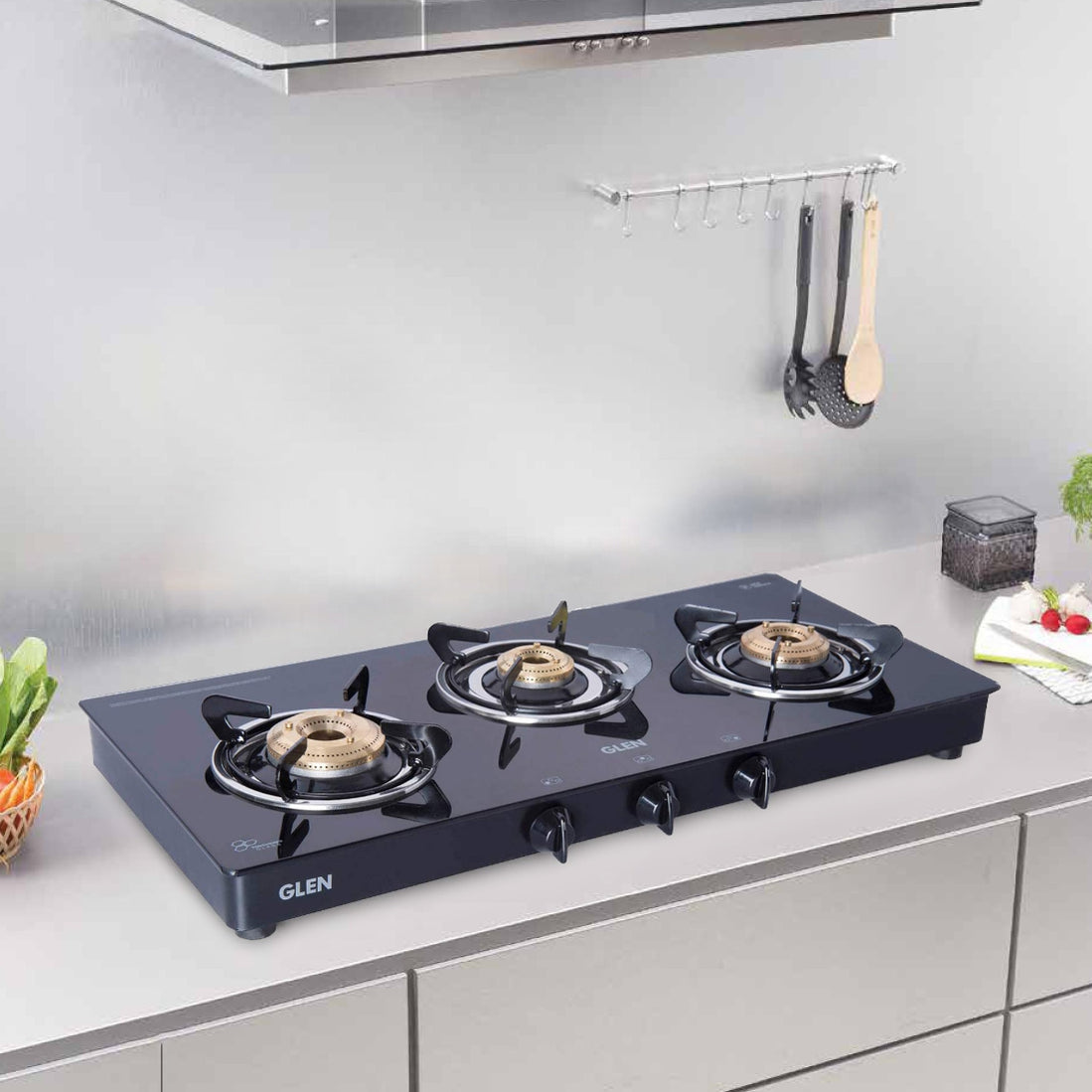 GLEN 3 Burner PNG Glass Gas Stove with High Flame Brass Burner Extra Large Black (CT1033GTXLBBBLPN)