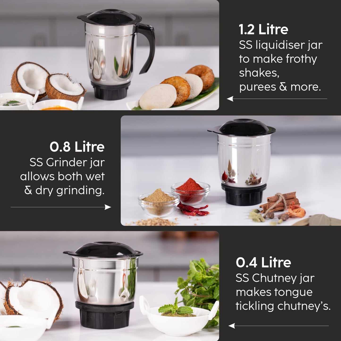 GLEN Mixer Grinder 550W with 3 Stainless Steel Liquidiser, Grinder and Chutney Jars - Black (4021)