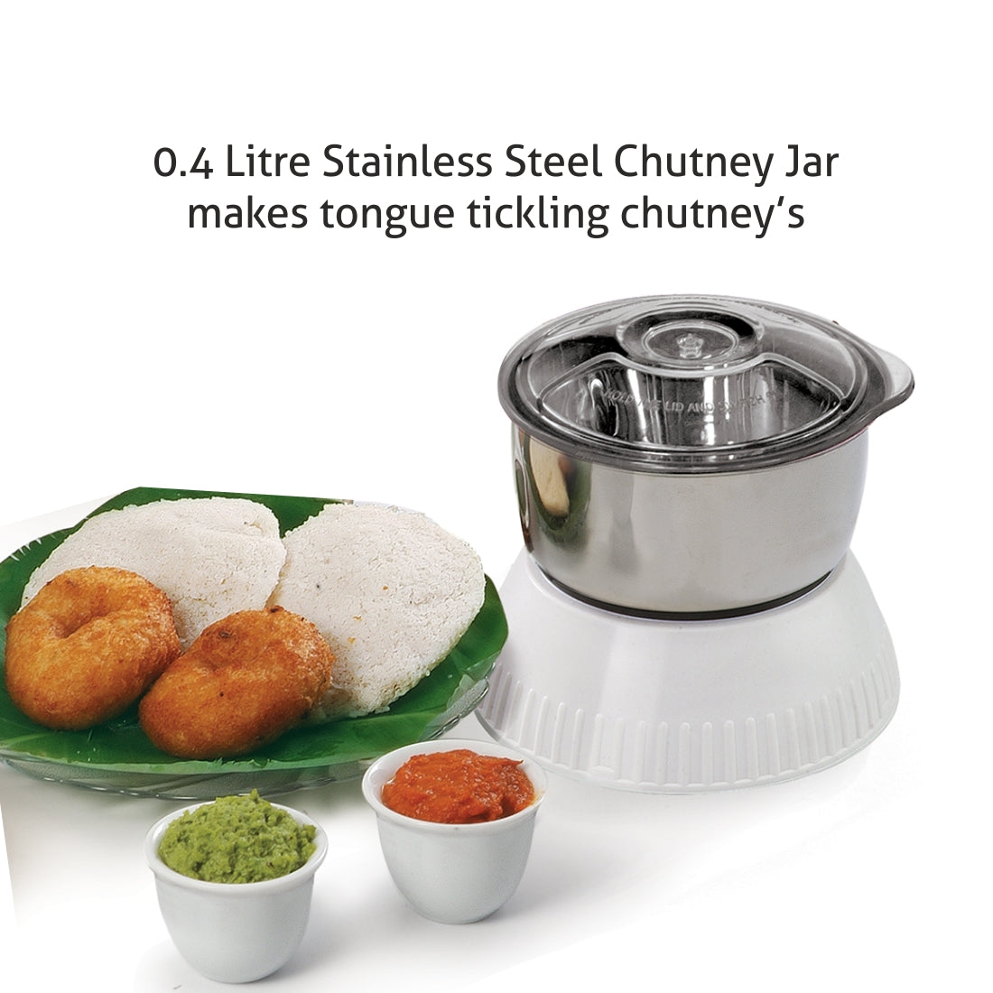 Mixer Grinder 750W with 1 Liquidiser Jar Fruit Filter 2 Stainless Steel Grinder, Chutney Jars - White (4026)