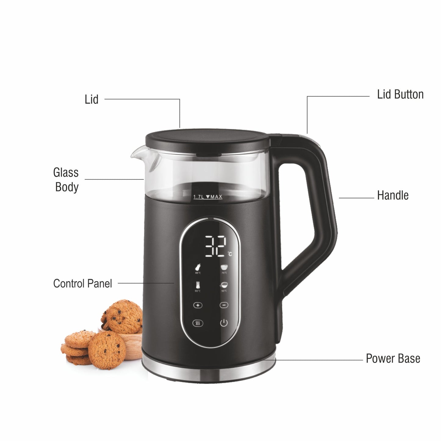 GLEN Electric Kettle 1.5 Litre | Digital Display Touch Control and 4 Pre Set Functions | Auto Shutoff, 1500W (SA-9008GLBL)