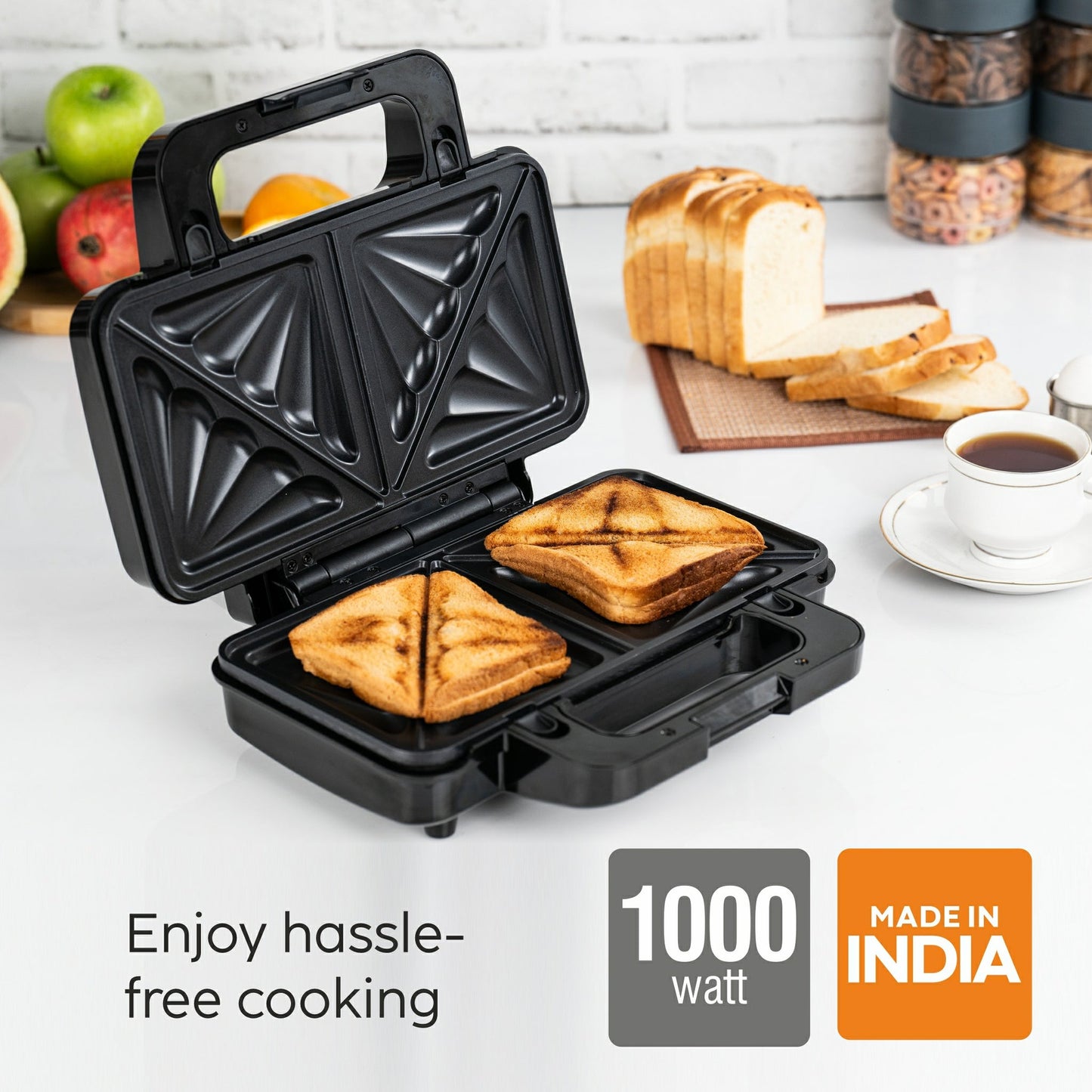 GLEN Electric Jumbo Multi Snack Maker with 3 sets of Sandwich, Grill & Waffle Non-Stick Plates, 1000W - (SA3023JMSM)