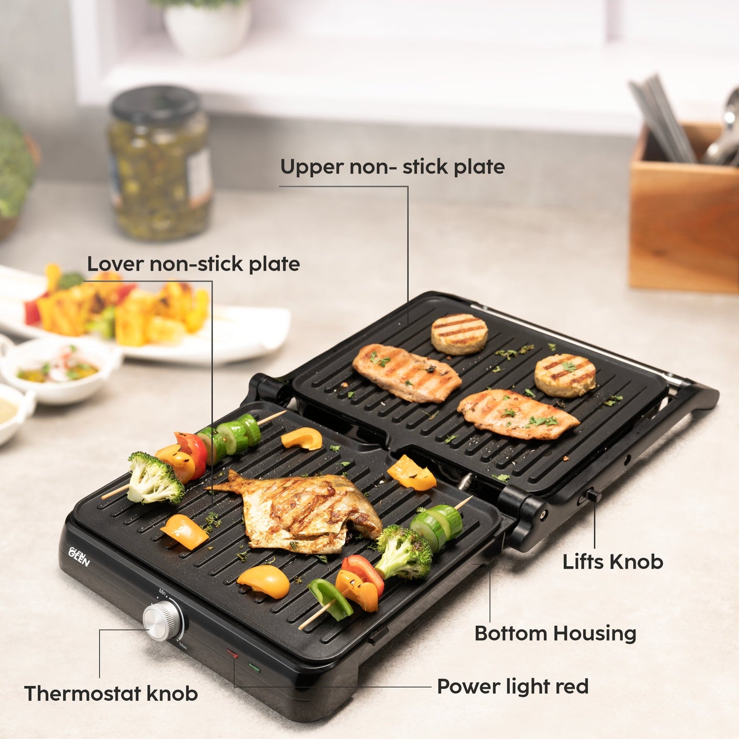 GLEN Electric Contact Grill & Sandwich Maker with 180-degree opening, Non-Stick Plates, 2000w - (SA3031INCG)