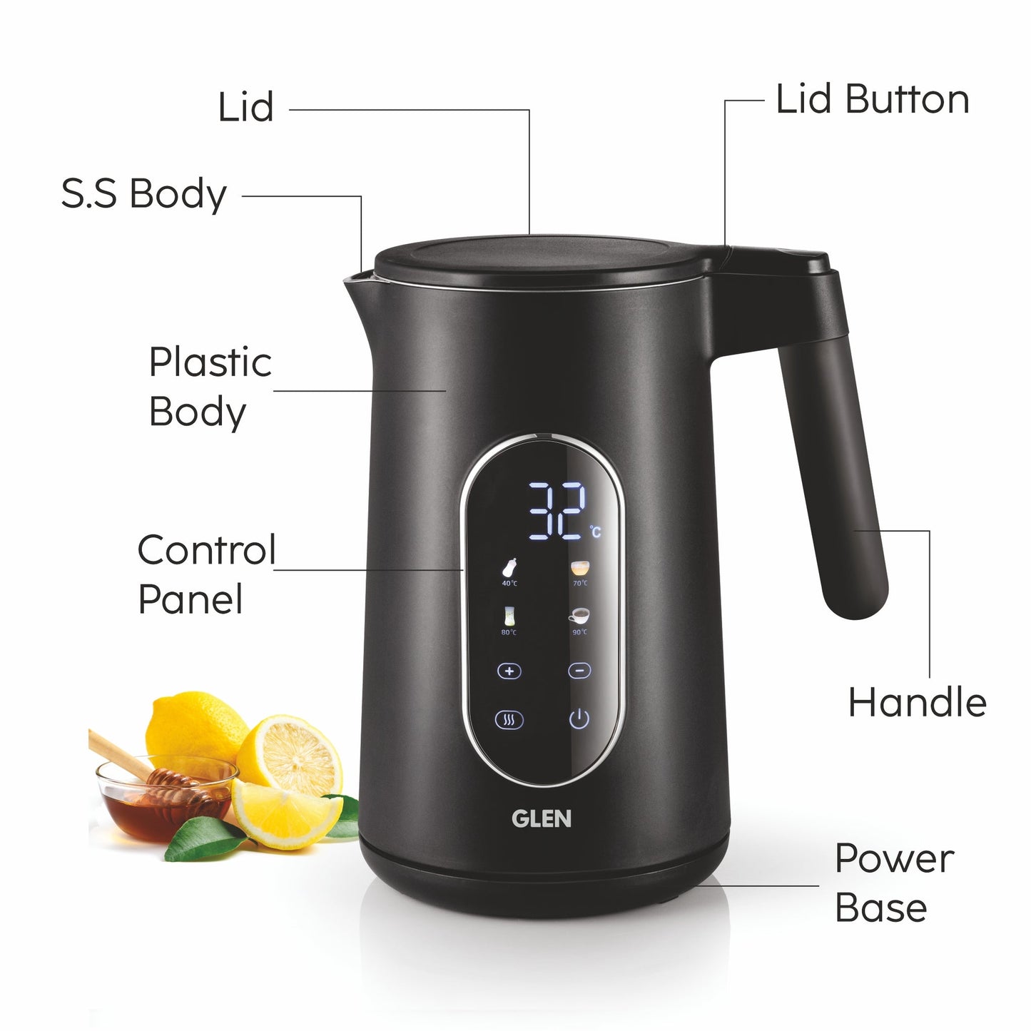 GLEN Electric Kettle 1.5 Litre with Digital Display Touch Control | 4 Pre Set Functions, Auto Shutoff, 1500W (SA-9009SSBL)