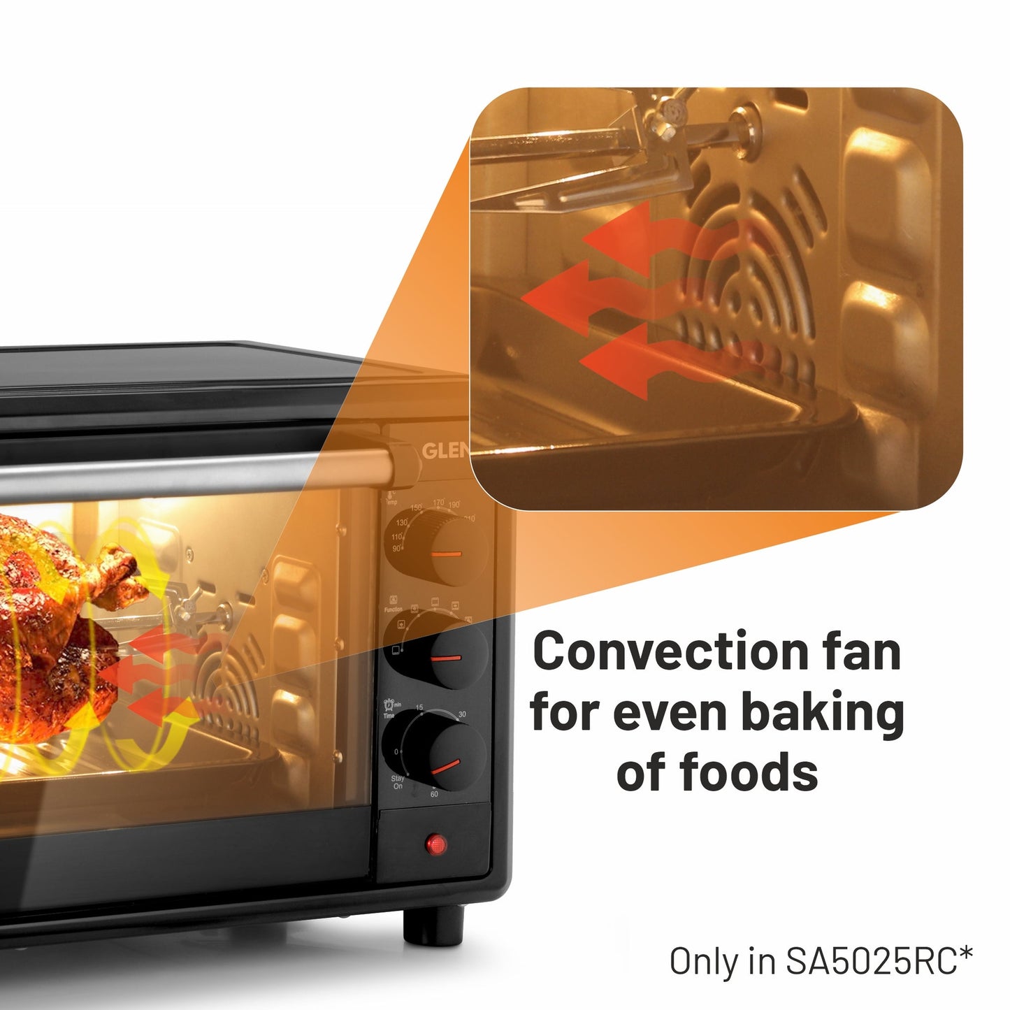 GLEN 25L Oven Toaster Griller (OTG) | 1700W Convection Oven | 60-Min Timer, Oven Light & Removable Crumbs Tray – Black (SA5025)