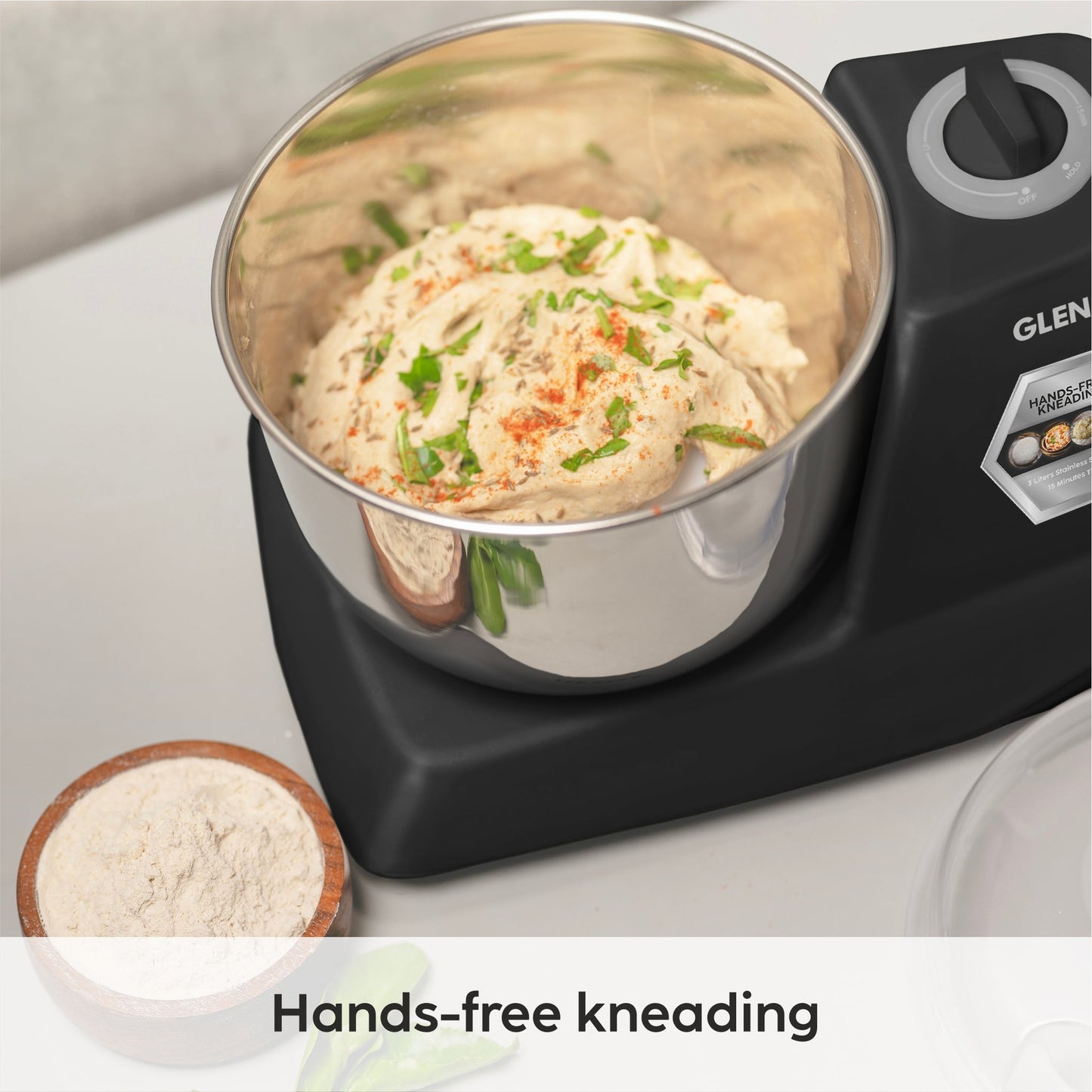 GLEN Atta Kneader Dough Maker 650 W | Hands-free kneading & 3 Litres Large SS Bowl (SA-3032DMBL)
