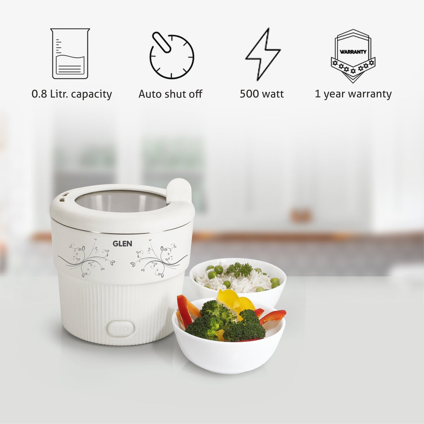 Electric Mini Cooker, 0.8 Litre Steam, Cook & Boil 500W- White and Red (3054)