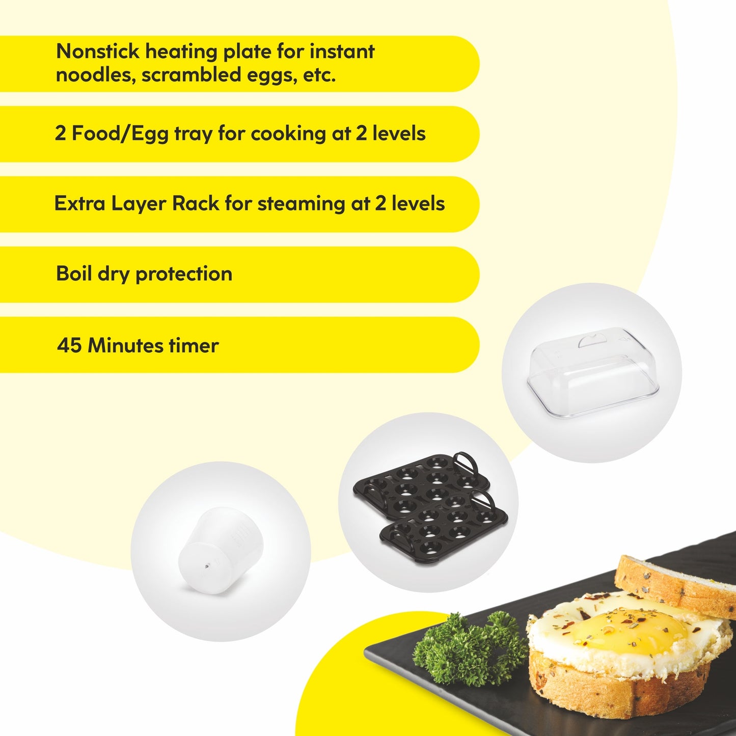 3 in 1 Electric Multi Cooker Egg Boiler with Extra Layer Rack - Steam, Cook & Boil, 45 Minutes Timer, 350W -(3035MCPLUS)