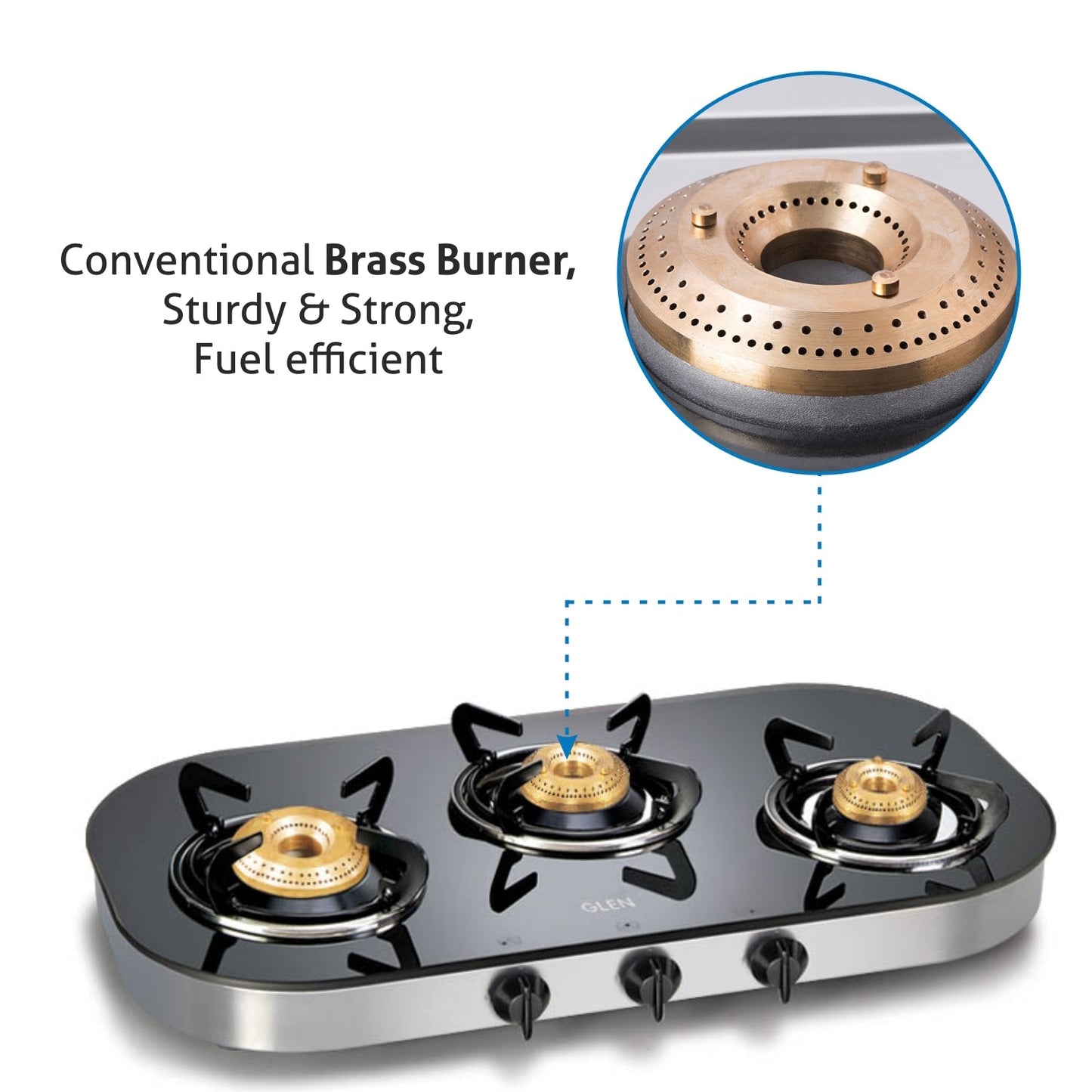 3 Burner Black Glass Gas Stove with High Flame Brass Burner (1036GT) - Manual/ Auto Ignition