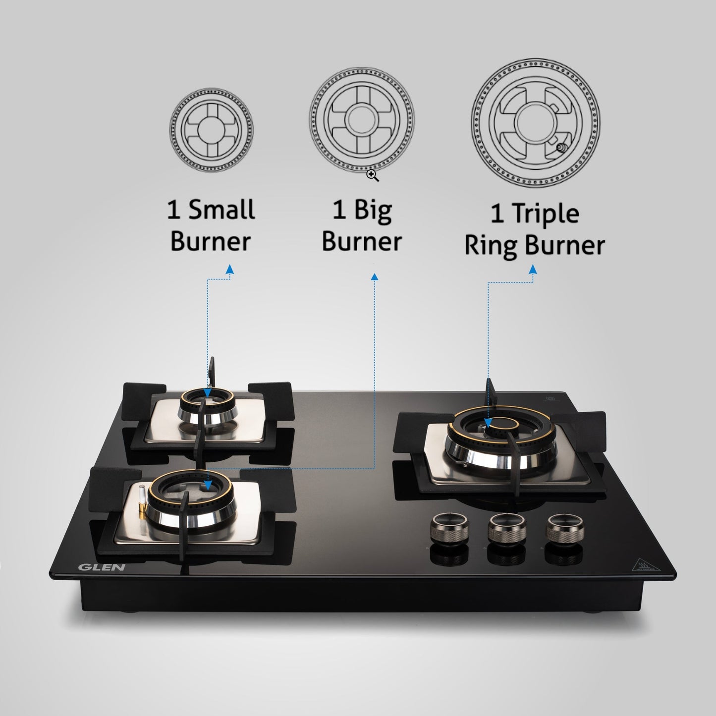 3 Burner Glass Hob Top with Triple Ring Burner Double Ring Forged Brass Burners Auto Ignition (1063 SQ HT DB TR)