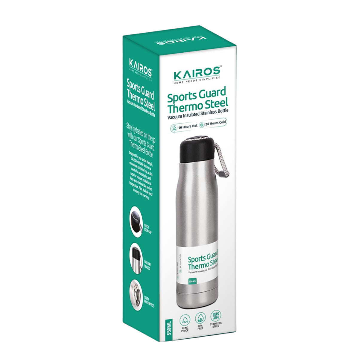 KAIROS Sports Guard Thermo Steel Water Bottle – Hot & Cold Insulated Stainless Steel Flask, BPA-Free.