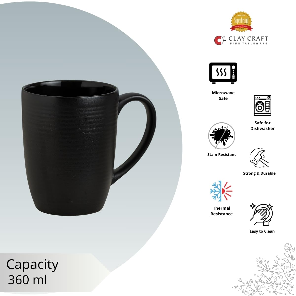 Claycraft Horizon Pebble Black Coffee/ Milk Mug, 1 Piece (360 ml)