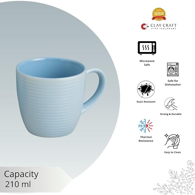 Claycraft Horizon Pebble Light Blue Cup & Saucer, Set of 12 (6 Cups + 6 Saucers) (220 ml)