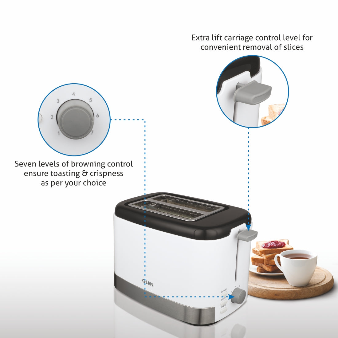 Electric Auto Pop-up Toaster, 2 Slice 800W, 7 Level Browning Control, Removable Crumb Tray - White (3012)