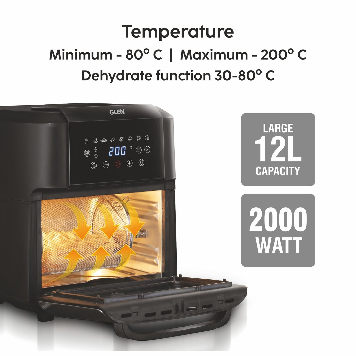 GLEN Digital Air Fryer, 12 Litre Capacity, 8 Pre Set Menu, Time and Temperature Control, 2000W - (SA 3040 DSS)