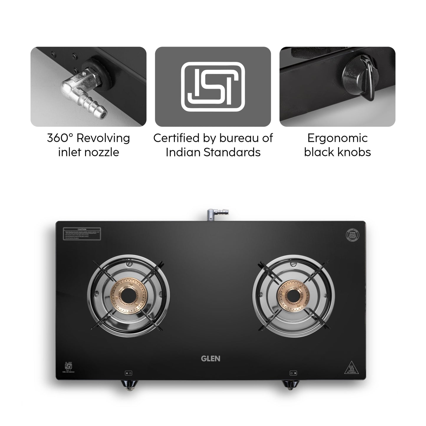 GLEN 2 Burner Glass Gas Stove Jumbo with Brass Burner Black (CT1020GTJMBB)
