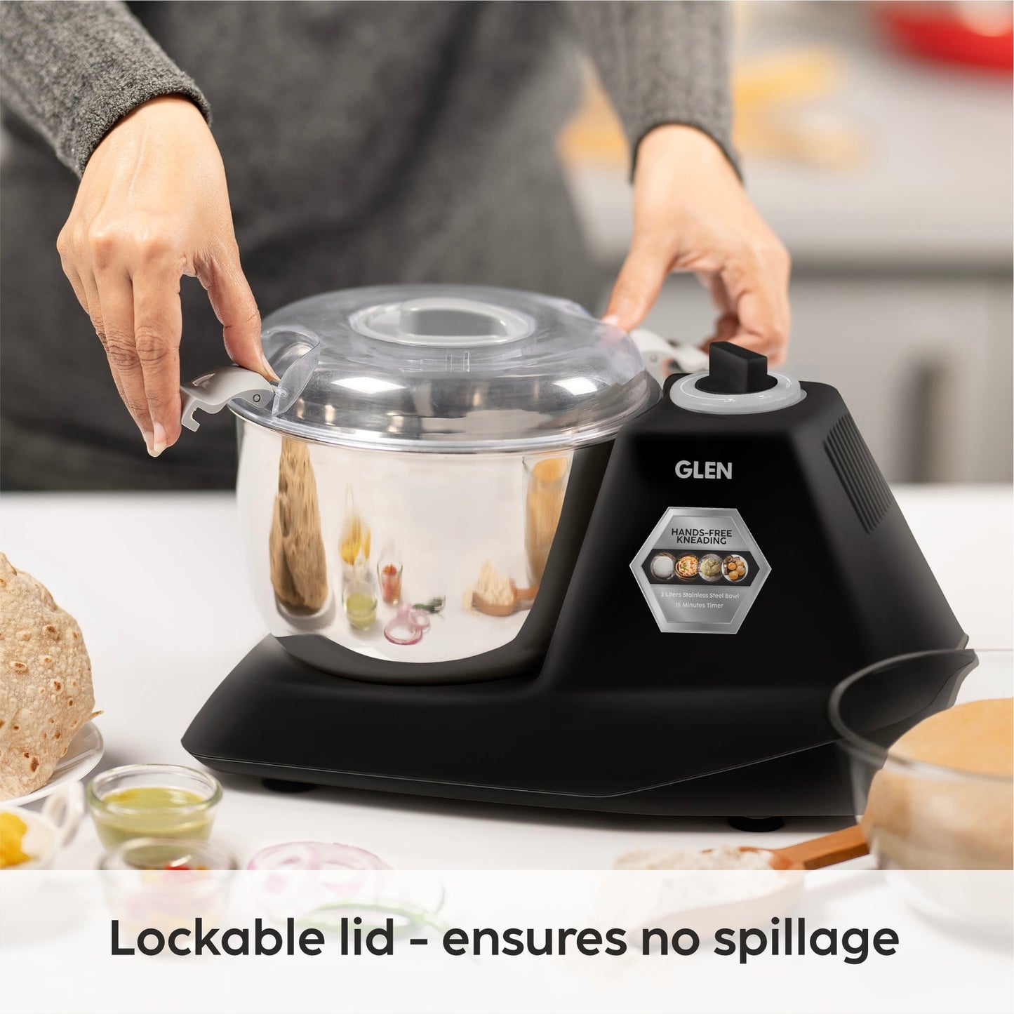 GLEN Atta Kneader Dough Maker 650 W | Hands-free kneading & 3 Litres Large SS Bowl (SA-3032DMBL)