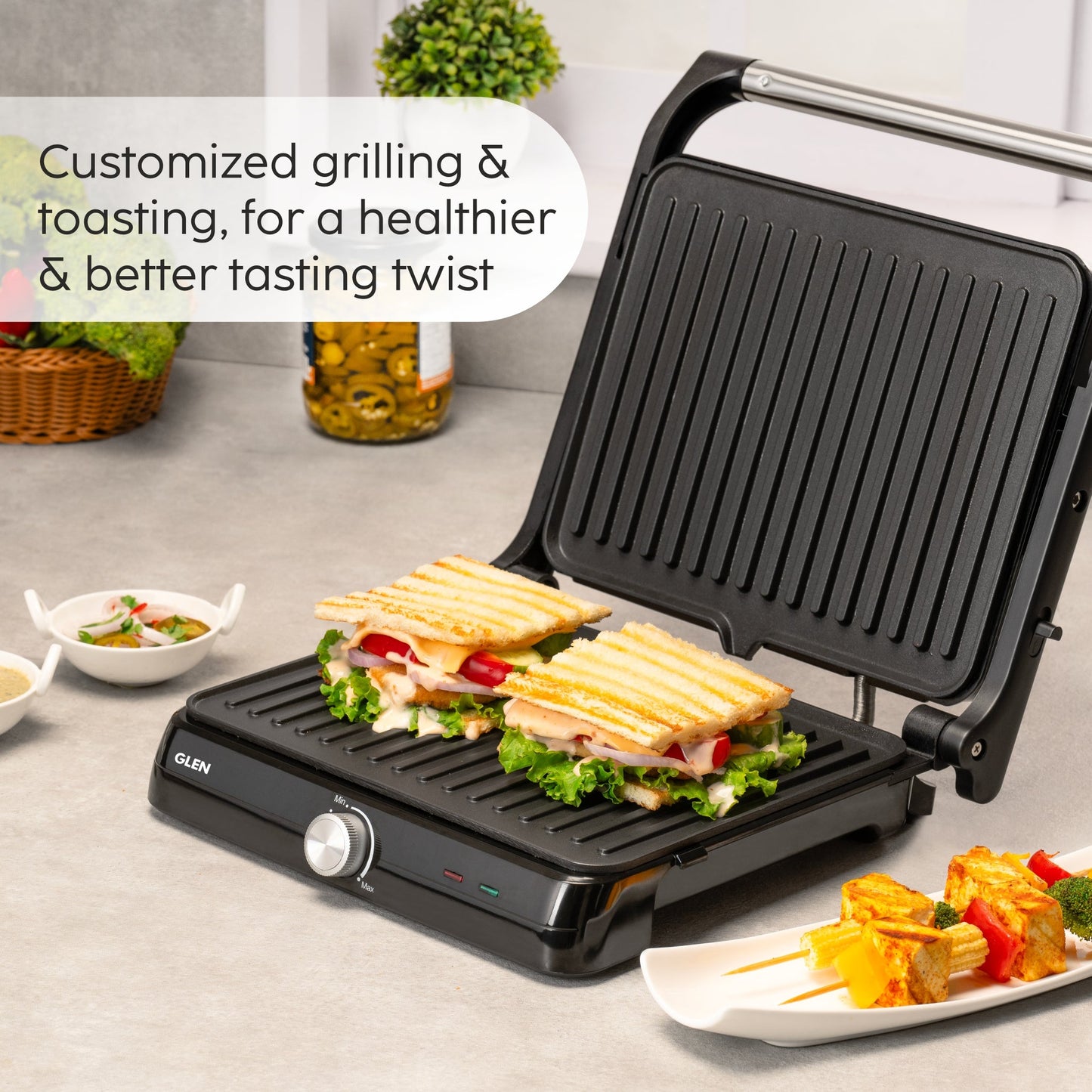 GLEN Electric Contact Grill & Sandwich Maker with 180-degree opening, Non-Stick Plates, 2000w - (SA3031INCG)