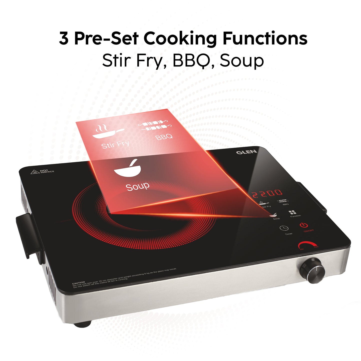 Glen Infrared Stove 2200W (SA-3074 IR22) | 3 Preset Cooking Functions, Touch Control, Energy-Efficient & Fast Heating Cooktop