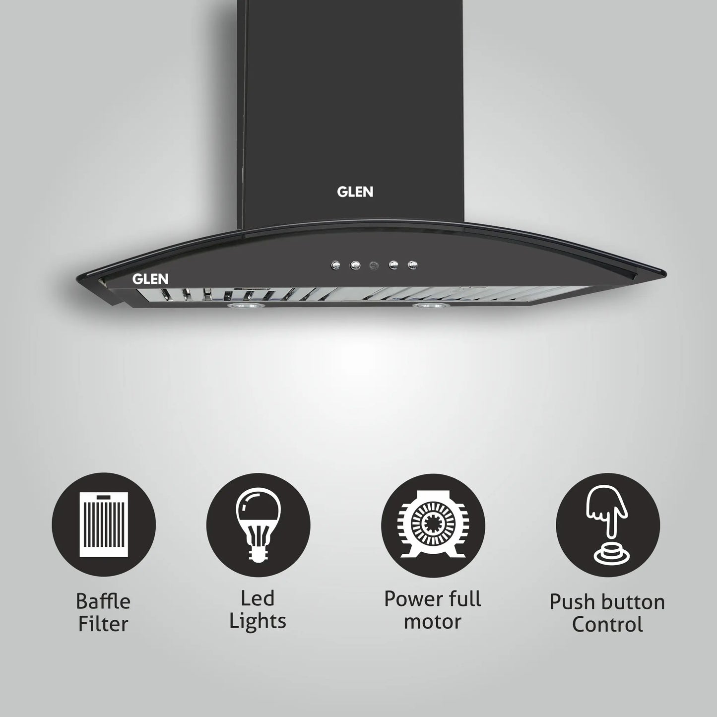 Electric Kitchen Chimney, Curved Glass SS Baffle filters 60cm 1100 mB3/h - Black (6071 IN BLK)